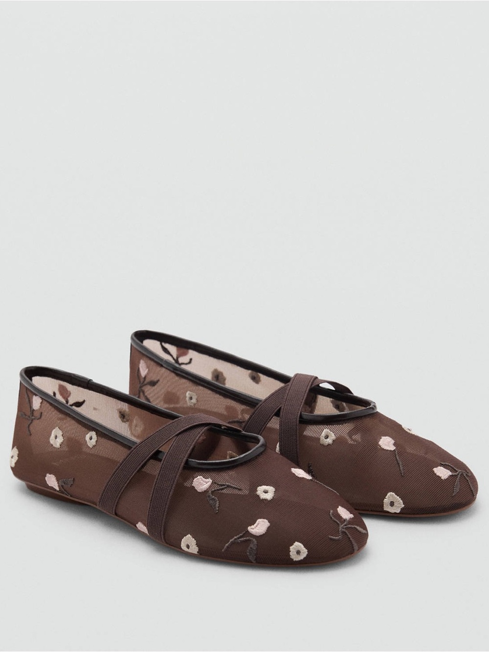 Mango Brown Floral Embroidered Mesh Ballet Flats Size 6.5 NWT